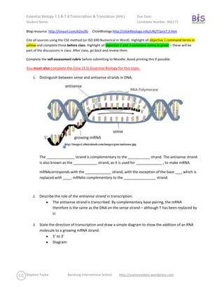 Essential Biology 7.3 & 7.4 Transcription & Translation (AHL)             Due Date:
Student Name:                                                             Candidate Number: 002171-

Blog resource: http://tinyurl.com/62xs3fz   Click4Biology:http://click4biology.info/c4b/7/pro7.3.htm

Cite all sources using the CSE method (or ISO 690 Numerical in Word). Highlight all objective 1 command terms in
yellow and complete these before class. Highlight all objective 2 and 3 command terms in green – these will be
part of the discussions in class. After class, go back and review them.

Complete the self-assessment rubric before submitting to Moodle. Avoid printing this if possible.

You must also complete the Core (3.5) Essential Biology for this topic.

    1.   Distinguish between sense and antisense strands in DNA.




         The ______________ strand is complementary to the ___________ strand. The antisense strand
         is also known as the ____________ strand, as it is used for _____________ , to make mRNA.

         mRNAcorresponds with the _____________ strand, with the exception of the base ___, which is
         replaced with ____. mRNAis complementary to the ________________ strand.



    2.   Describe the role of the antisense strand in transcription.
                The antisense strand is transcribed. By complementary base pairing, the mRNA
                therefore is the same as the DNA on the sense strand – although T has been replaced by
                U.

    3.   State the direction of transcription and draw a simple diagram to show the addition of an RNA
         molecule to a growing mRNA strand.
                 5’ to 3’
                 Diagram:




Stephen Taylor             Bandung International School       http://sciencevideos.wordpress.com
 