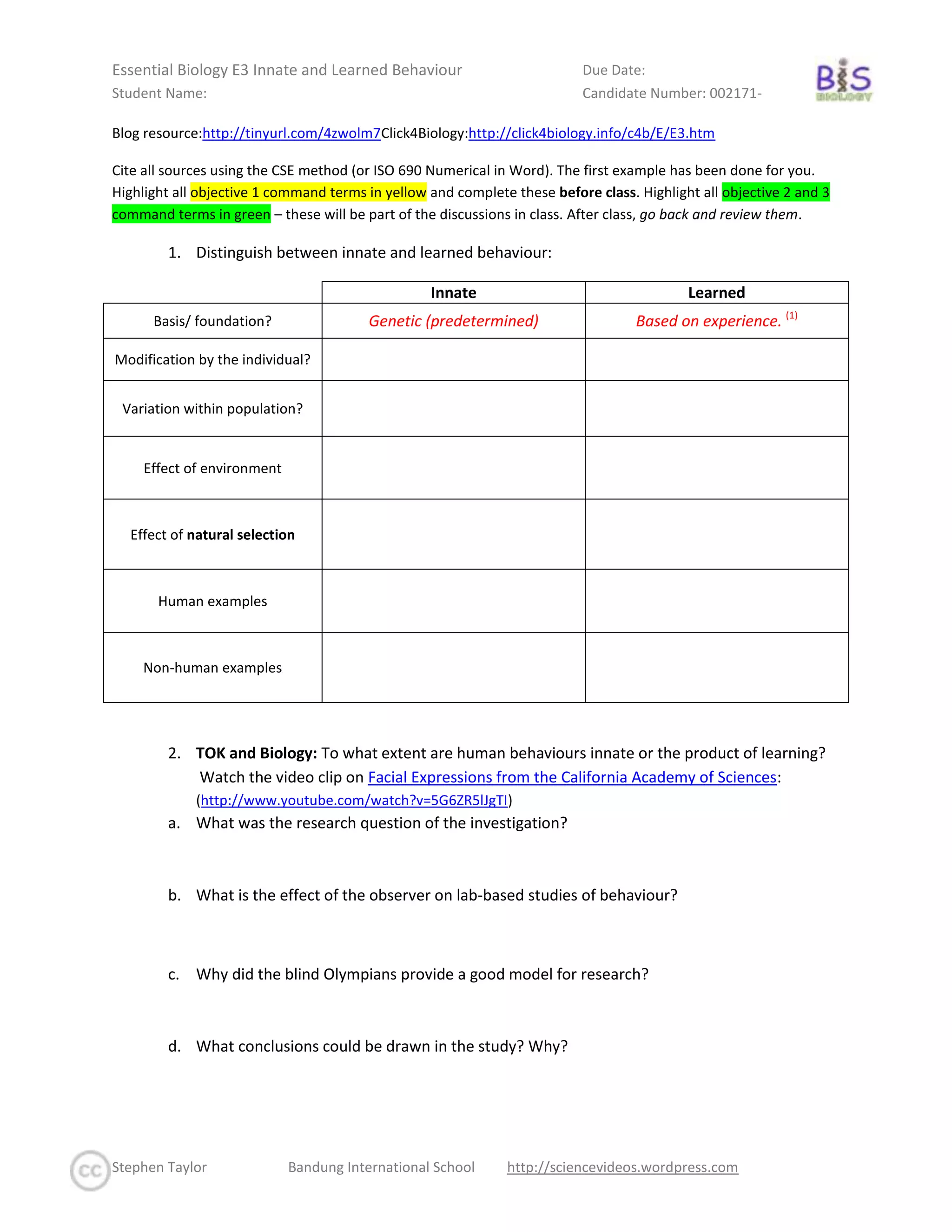 Essential Biology E3 Innate and Learned Behaviour | DOCX