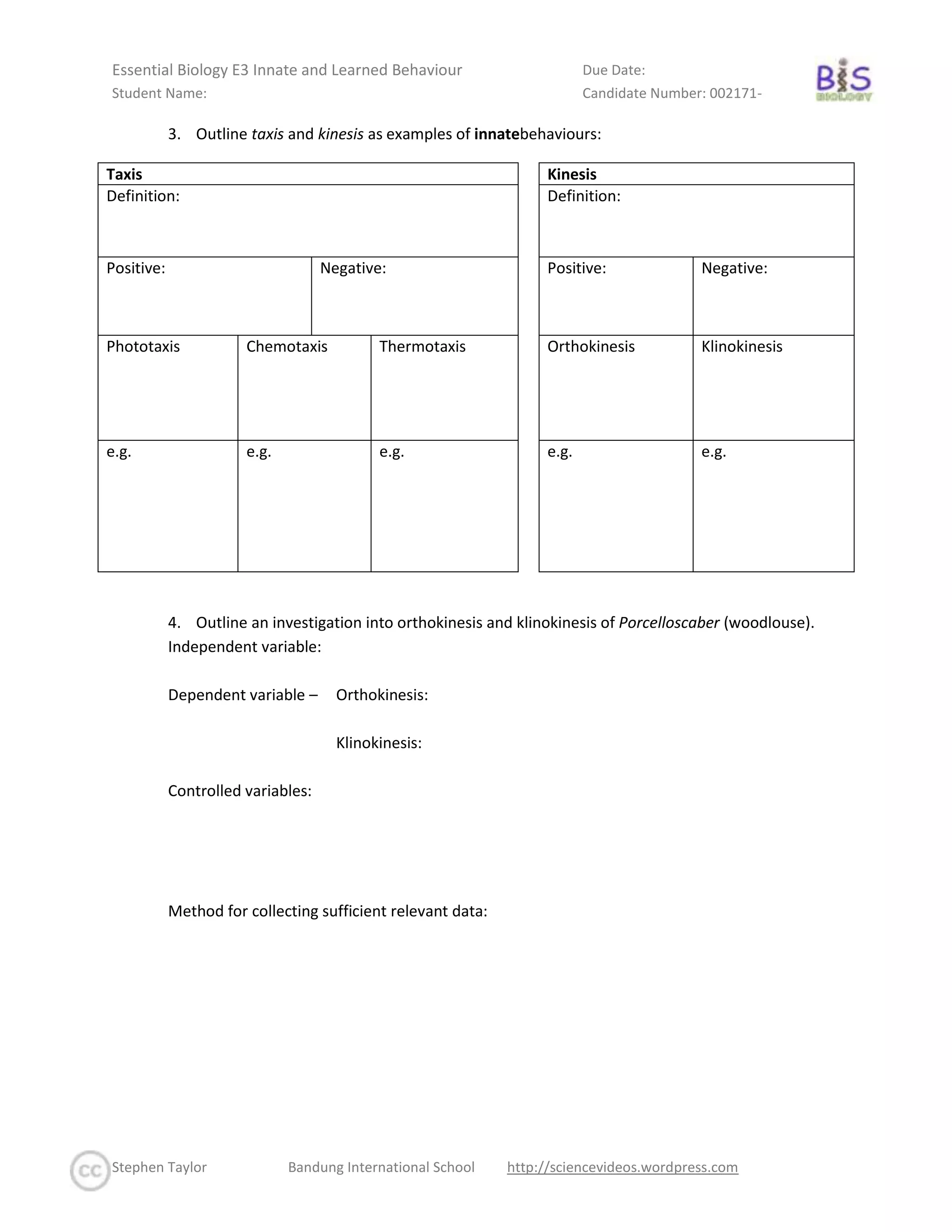 Essential Biology E3 Innate and Learned Behaviour | DOCX
