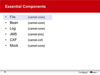 Essential Components
• File

(camel-core)

• Bean

(camel-core)

• Log

(camel-core)

• JMS

(camel-jms)

• CXF

(camel-cxf)

• Mock

(camel-core)

30

 