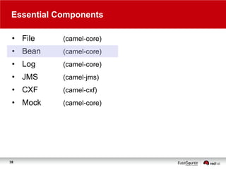 Essential Components
• File

(camel-core)

• Bean

(camel-core)

• Log

(camel-core)

• JMS

(camel-jms)

• CXF

(camel-cxf)

• Mock

(camel-core)

38

 
