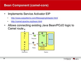 Bean Component (camel-core)
• Implements Service Activator EIP
•

http://www.eaipatterns.com/MessagingAdapter.html

•

http://camel.apache.org/bean.html

• Allows connecting existing Java Bean/POJO logic to
Camel route C
a
m
e
l
R
o
u
t
e

39

 