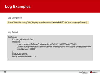 Log Examples
Log Component
from(“direct:incoming”).to(“log:org.apache.camel?level=INFO”).to(“jms:outgoingQueue”);

Log Output
Exchange[
ExchangePattern:InOut,
Headers:{
breadcrumbId=ID-FusePostaMac-local-54392-1358803440276-0-9,
CamelToEndpoint=bean://enrichService?method=getCreditScore, creditScore=400,
LoanNumber=100001
},
BodyType:String,
Body: <contents here … >
]

50

 