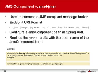 JMS Component (camel-jms)
• Used to connect to JMS compliant message broker
• Endpoint URI Format
•

jms:[temp:][queue:|topic:]DestinationName[?options]

• Configure a JmsComponent bean in Spring XML
• Replace the jms: prefix with the bean name of the
JmsComponent bean
Example
<bean id=”activemq" class=”org.apache.activemq.camel.component.ActiveMQComponent” >
<property name=“brokerURL” value=“tcp://localhost:61616” />
</bean>
from(“activemq:incoming”).process(…).to(“activemq:outgoing”);

53

 