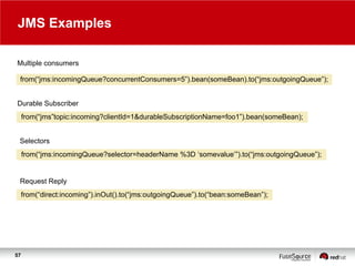 JMS Examples
Multiple consumers
from(“jms:incomingQueue?concurrentConsumers=5”).bean(someBean).to(“jms:outgoingQueue”);
Durable Subscriber
from(“jms”topic:incoming?clientId=1&durableSubscriptionName=foo1”).bean(someBean);
Selectors
from(“jms:incomingQueue?selector=headerName %3D „somevalue‟”).to(“jms:outgoingQueue”);

Request Reply
from(“direct:incoming”).inOut().to(“jms:outgoingQueue”).to(“bean:someBean”);

57

 