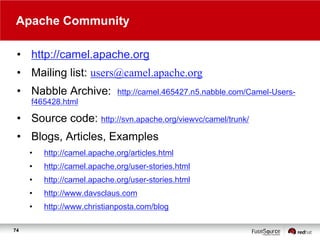 Apache Community
• http://camel.apache.org
• Mailing list: users@camel.apache.org
• Nabble Archive:

http://camel.465427.n5.nabble.com/Camel-Users-

f465428.html

• Source code: http://svn.apache.org/viewvc/camel/trunk/

• Blogs, Articles, Examples
•
•

http://camel.apache.org/user-stories.html

•

http://camel.apache.org/user-stories.html

•

http://www.davsclaus.com

•
74

http://camel.apache.org/articles.html

http://www.christianposta.com/blog

 