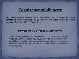 Any offence punishable under this Act except on a report in writing of the facts
constituting such offence made by a person who is a public servant as defined
in section 21 of the 16[ * * *] Penal Code



             Powers to try offences summarily:
   The offences specified in sub-section (1) of section 260 of the
   Code of Criminal Procedure, 1898, may, on application in this
   behalf being made by the prosecution, the provisions contained in
   sections 262 to 265 of the said Code any offence punishable
   under this Act.
 