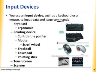 XPXPXPInput Devices
• You use an input device, such as a keyboard or a
mouse, to input data and issue commands
– Keyboard
• Ergonomic
– Pointing device
• Controls the pointer
• Mouse
–Scroll wheel
• Trackball
• Touchpad
• Pointing stick
– Touchscreen
– Scanner
19Essential Computer Concepts
 