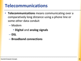 XPXPXPTelecommunications
• Telecommunications means communicating over a
comparatively long distance using a phone line or
some other data conduit
– Modem
• Digital and analog signals
– DSL
– Broadband connections
24Essential Computer Concepts
 