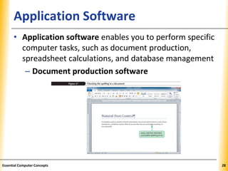 XPXPXPApplication Software
• Application software enables you to perform specific
computer tasks, such as document production,
spreadsheet calculations, and database management
– Document production software
28Essential Computer Concepts
 