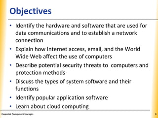 XPXPXPObjectives
• Identify the hardware and software that are used for
data communications and to establish a network
connection
• Explain how Internet access, email, and the World
Wide Web affect the use of computers
• Describe potential security threats to computers and
protection methods
• Discuss the types of system software and their
functions
• Identify popular application software
• Learn about cloud computing
3Essential Computer Concepts
 