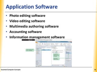 XPXPXPApplication Software
Essential Computer Concepts 31
• Photo editing software
• Video editing software
• Multimedia authoring software
• Accounting software
• Information management software
 