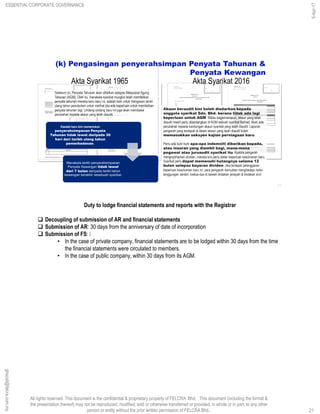 All rights reserved. This document is the confidential & proprietary property of FELCRA Bhd. This document (including the format &
the presentation thereof) may not be reproduced, modified, sold or otherwise transferred or provided, in whole or in part, to any other
person or entity without the prior written permission of FELCRA Bhd..
(k) Pengasingan penyerahsimpan Penyata Tahunan &
Penyata Kewangan
Akaun beraudit kini boleh diedarkan kepada
anggota syarikat Sdn. Bhd. kerana tidak ada lagi
keperluan untuk AGM. Walau bagaimanapun, akaun yang telah
diaudit masih perlu dibentangkan di AGM sebuah syarikat Berhad. Akan ada
perubahan kepada kandungan akaun syarikat yang telah diaudit. Laporan
pengarah yang terdapat di dalam akaun yang telah diaudit boleh
memasukkan seksyen kajian perniagaan baru.
Perlu ada butir-butir apa-apa indemniti diberikan kepada,
atau insuran yang diambil bagi, mana-mana
pegawai atau juruaudit syarikat itu. Apabila pengarah
mengisytiharkan dividen, mereka kini perlu sedar keperluan kesolvenan baru.
Syarikat perlu dapat memenuhi hutangnya selama 12
bulan selepas bayaran dividen. Jika terdapat pelanggaran
keperluan kesolvenan baru ini, para pengarah kemudian menghadapi risiko
tanggungan sendiri, kedua-dua di bawah tindakan jenayah & tindakan sivil.
Sebelum ini, Penyata Tahunan akan difailkan selepas Mesyuarat Agung
Tahunan (AGM). Oleh itu, manakala syarikat mungkin telah memfailkan
penyata tahunan mereka baru-baru ini, adalah baik untuk mengesan tarikh
ulang tahun penubuhan untuk melihat jika ada keperluan untuk memfailkan
penyata tahunan lagi. Undang-undang baru ini juga akan membawa
perubahan kepada akaun yang telah diaudit.
21
Kaedah baru kini memerlukan
penyerahsimpanan Penyata
Tahunan tidak lewat daripada 30
hari dari tarikh ulang tahun
pemerbadanan.
Manakala tarikh penyerahsimpanan
Penyata Kewangan tidak lewat
dari 7 bulan daripada tarikh tahun
kewangan berakhir sesebuah syarikat.
Akta Syarikat 1965 Akta Syarikat 2016
Duty to lodge financial statements and reports with the Registrar
 Decoupling of submission of AR and financial statements
 Submission of AR: 30 days from the anniversary of date of incorporation
 Submission of FS: 
• In the case of private company, financial statements are to be lodged within 30 days from the time
the financial statements were circulated to members.
• In the case of public company, within 30 days from its AGM.
21
ghazali@felcra.com.my
5-Apr-17
ESSENTIAL CORPORATE GOVERNANCE
 