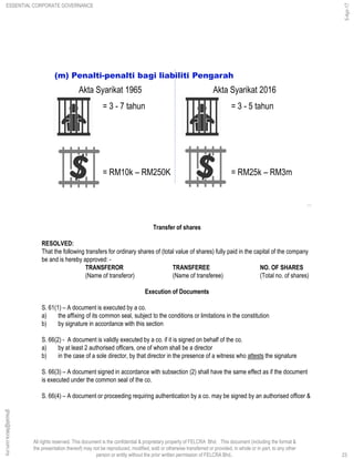All rights reserved. This document is the confidential & proprietary property of FELCRA Bhd. This document (including the format &
the presentation thereof) may not be reproduced, modified, sold or otherwise transferred or provided, in whole or in part, to any other
person or entity without the prior written permission of FELCRA Bhd..
(m) Penalti-penalti bagi liabiliti Pengarah
23
Akta Syarikat 2016Akta Syarikat 1965
= 3 - 7 tahun
= RM10k – RM250K
= 3 - 5 tahun
= RM25k – RM3m
Transfer of shares
RESOLVED:
That the following transfers for ordinary shares of (total value of shares) fully paid in the capital of the company
be and is hereby approved: -
TRANSFEROR TRANSFEREE NO. OF SHARES
(Name of transferor) (Name of transferee) (Total no. of shares)
Execution of Documents
S. 61(1) – A document is executed by a co.
a) the affixing of its common seal, subject to the conditions or limitations in the constitution
b) by signature in accordance with this section
S. 66(2) - A document is validly executed by a co. if it is signed on behalf of the co.
a) by at least 2 authorised officers, one of whom shall be a director
b) in the case of a sole director, by that director in the presence of a witness who attests the signature
S. 66(3) – A document signed in accordance with subsection (2) shall have the same effect as if the document
is executed under the common seal of the co.
S. 66(4) – A document or proceeding requiring authentication by a co. may be signed by an authorised officer &
23
ghazali@felcra.com.my
5-Apr-17
ESSENTIAL CORPORATE GOVERNANCE
 