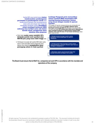 All rights reserved. This document is the confidential & proprietary property of FELCRA Bhd. This document (including the format &
the presentation thereof) may not be reproduced, modified, sold or otherwise transferred or provided, in whole or in part, to any other
person or entity without the prior written permission of FELCRA Bhd..
a. Ekuiti dalam usaha sama melebihi 25%
daripada jumlah aset syarikat atau
RM100 juta yang mana lebih tinggi; atau
b. Pembiayaan kos projek oleh syarikat MKD dalam usaha
sama ini sama ada dalam bentuk penggunaan dana
dalaman atau pinjaman menjejaskan dana
pemegang saham & rizab syarikat.
Syarikat MKD yang mandat terasnya bukan
melaksanakan pembangunan
perumahan & pembangunan tanah tetapi
memiliki tanah & berhasrat untuk membangunkannya
secara usaha sama dengan rakan kongsi bagi
meningkatkan pendapatan syarikat, diwajibkan
untuk mendapat kelulusan MKD
sekiranya kos terlibat sama ada dalam
bentuk ekuiti, penggunaan dana
dalaman atau pinjaman
44
Lembaga Pengarah perlu memastikan
semua syarikat MKD menetapkan KPI
masing-masing berdasarkan elemen
yang sesuai dengan mandat & operasi
syarikat
a. Petunjuk prestasi kewangan (contoh: sasaran
pendapatan, inisiatif pengurangan kos operasi &
sebagainya);
b. Petunjuk prestasi bukan kewangan (contoh: sasaran
tahap perkhidmatan, pematuhan standard, kajian kepuasan
pelanggan & sebagainya); &
c. Menetapkan wajaran yang bersesuaian bagi setiap
petunjuk berdasarkan perniagaan teras syarikat.
3.34 Penetapan KPI bagi tahun kewangan berikutnya perlu dimuktamadkan oleh
Lembaga Pengarah selewat-lewatnya 2 minggu sebelum tahun
kewangan semasa berakhir & dikemukakan untuk makluman MKD.
3.35 Laporan pencapaian KPI setiap suku tahun perlu diperakukan
oleh Lembaga Pengarah & dikemukakan kepada MKD
sebelum atau pada 30 atau 31 hari bulan berikutnya selepas
berakhir setiap suku tahun.
The Board must ensure that all MoF Inc. companies set each KPI in accordance with the mandate and
operations of the company
ESSENTIAL CORPORATE GOVERNANCE
5-Apr-17
44
ghazali@felcra.com.my
 
