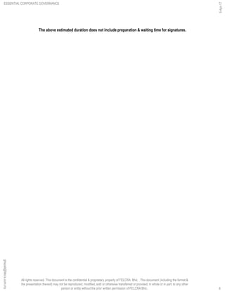 All rights reserved. This document is the confidential & proprietary property of FELCRA Bhd. This document (including the format &
the presentation thereof) may not be reproduced, modified, sold or otherwise transferred or provided, in whole or in part, to any other
person or entity without the prior written permission of FELCRA Bhd..
The above estimated duration does not include preparation & waiting time for signatures.
ESSENTIAL CORPORATE GOVERNANCE
5-Apr-17
8
ghazali@felcra.com.my
 