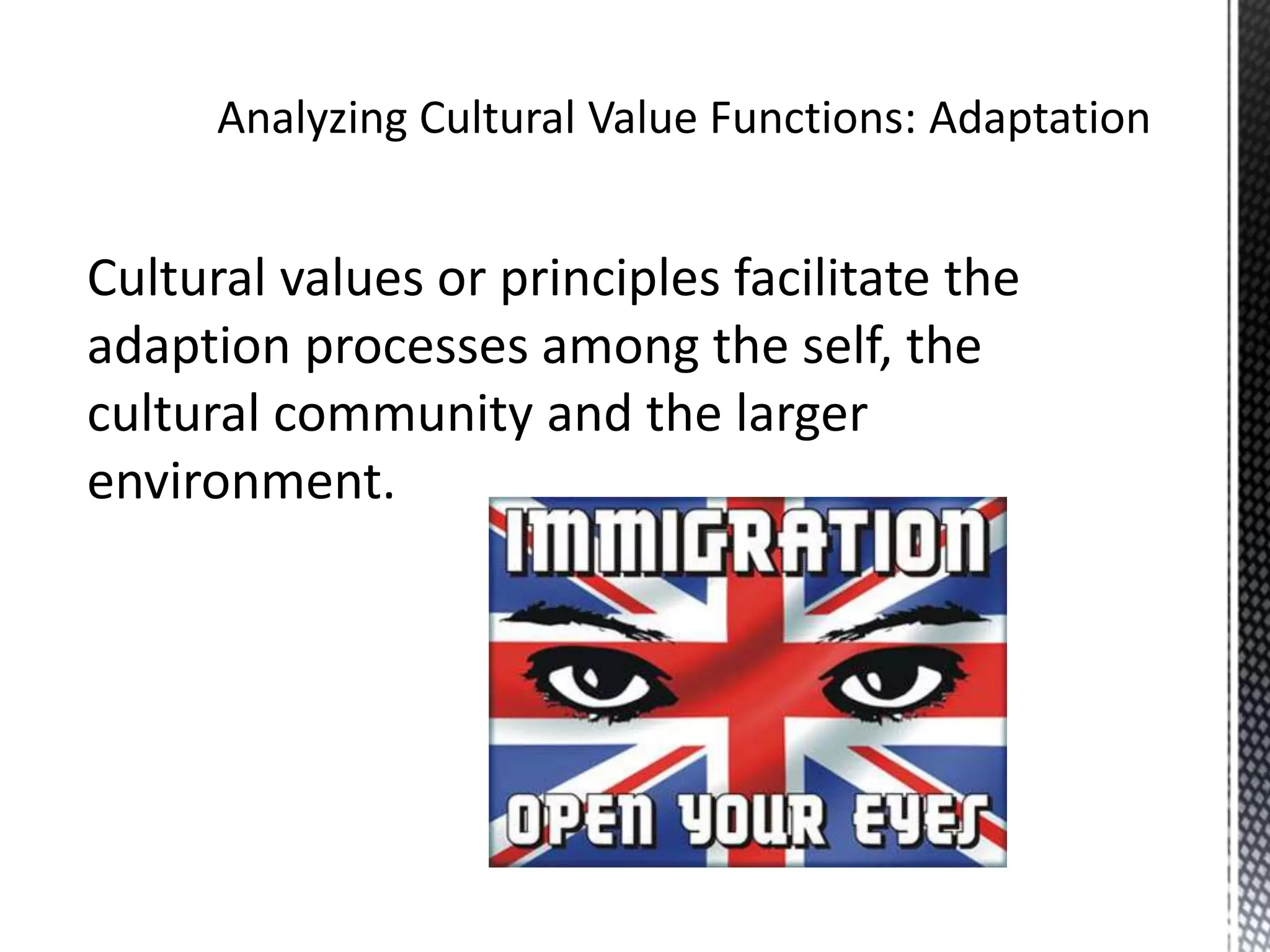 Analyzing Cultural Value Functions: AdaptationCultural values or principles facilitate the adaption processes among the self, the cultural community and the larger environment.