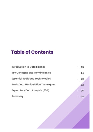 Table of Contents
Introduction to Data Science
Key Concepts and Terminologies
Essential Tools and Technologies
Basic Data Manipulation Techniques
Exploratory Data Analysis (EDA)
Summary
03
04
08
12
16
18
:
:
:
:
:
:
 