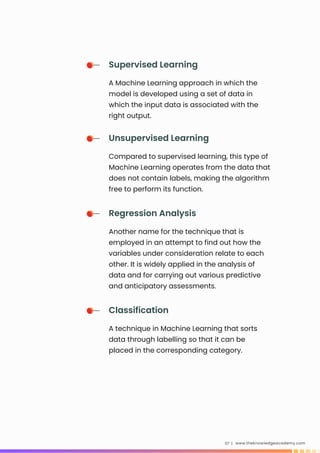 www.theknowledgeacademy.com
07 |
Supervised Learning
A Machine Learning approach in which the
model is developed using a set of data in
which the input data is associated with the
right output.
Unsupervised Learning
Compared to supervised learning, this type of
Machine Learning operates from the data that
does not contain labels, making the algorithm
free to perform its function.
Regression Analysis
Another name for the technique that is
employed in an attempt to find out how the
variables under consideration relate to each
other. It is widely applied in the analysis of
data and for carrying out various predictive
and anticipatory assessments.
Classification
A technique in Machine Learning that sorts
data through labelling so that it can be
placed in the corresponding category.
 