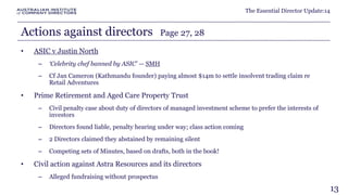 The Essential Director Update:14 
Actions against directors Page 27, 28 
• ASIC v Justin North 
– ‘Celebrity chef banned by ASIC’ — SMH 
– Cf Jan Cameron (Kathmandu founder) paying almost $14m to settle insolvent trading claim re 
Retail Adventures 
• Prime Retirement and Aged Care Property Trust 
– Civil penalty case about duty of directors of managed investment scheme to prefer the interests of 
investors 
– Directors found liable, penalty hearing under way; class action coming 
– 2 Directors claimed they abstained by remaining silent 
– Competing sets of Minutes, based on drafts, both in the book! 
• Civil action against Astra Resources and its directors 
– Alleged fundraising without prospectus 
13 
 
