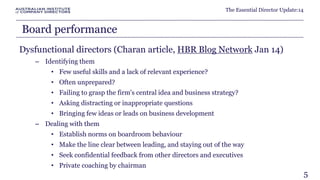 The Essential Director Update:14 
Board performance 
Dysfunctional directors (Charan article, HBR Blog Network Jan 14) 
– Identifying them 
• Few useful skills and a lack of relevant experience? 
• Often unprepared? 
• Failing to grasp the firm's central idea and business strategy? 
• Asking distracting or inappropriate questions 
• Bringing few ideas or leads on business development 
– Dealing with them 
• Establish norms on boardroom behaviour 
• Make the line clear between leading, and staying out of the way 
• Seek confidential feedback from other directors and executives 
• Private coaching by chairman 
5 
 