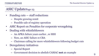 The Essential Director Update:14 
ASIC UpdatePage 23 
• Funding cuts — staff reductions 
– Despite growing remit 
– Possible sale of registry operation 
• ASIC Report on Penalties for corporate wrongdoing 
• Dealing with whistleblowers 
– An APRA failure years earlier , re HIH 
– Now, an ASIC failure re CBA 
– Chairman calling for more whistleblowers following budget cuts 
• Deregulatory initiatives 
– Special Report 
– Government decision to abolish CAMAC not an example 
9 
 