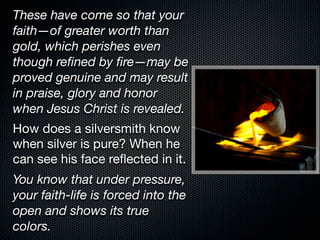 These have come so that your
faith—of greater worth than
gold, which perishes even
though reﬁned by ﬁre—may be
proved genuine and may result
in praise, glory and honor
when Jesus Christ is revealed.
How does a silversmith know
when silver is pure? When he
can see his face reﬂected in it.
You know that under pressure,
your faith-life is forced into the
open and shows its true
colors.
 