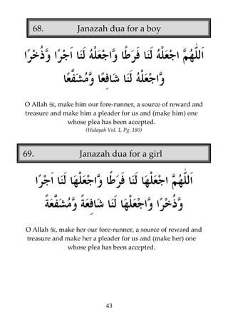 68.

Janazah dua for a boy

O Allah , make him our fore-runner, a source of reward and
treasure and make him a pleader for us and (make him) one
whose plea has been accepted.
(Hidayah Vol. 1, Pg. 180)

69.

Janazah dua for a girl

O Allah , make her our fore-runner, a source of reward and
treasure and make her a pleader for us and (make her) one
whose plea has been accepted.

43

 