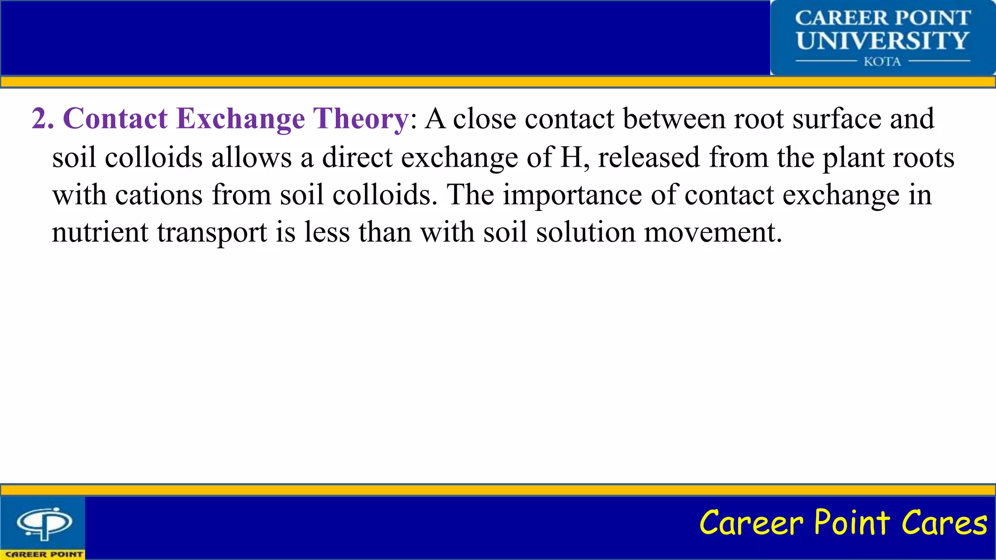 Career Point Cares
2. Contact Exchange Theory: A close contact between root surface and
soil colloids allows a direct exchange of H, released from the plant roots
with cations from soil colloids. The importance of contact exchange in
nutrient transport is less than with soil solution movement.
 