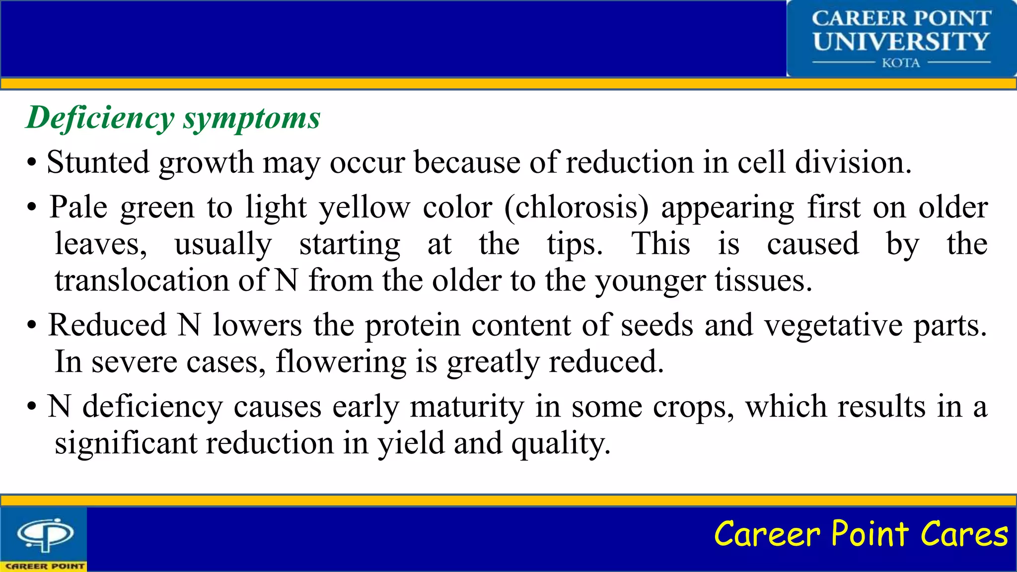 Career Point Cares
Deficiency symptoms
• Stunted growth may occur because of reduction in cell division.
• Pale green to light yellow color (chlorosis) appearing first on older
leaves, usually starting at the tips. This is caused by the
translocation of N from the older to the younger tissues.
• Reduced N lowers the protein content of seeds and vegetative parts.
In severe cases, flowering is greatly reduced.
• N deficiency causes early maturity in some crops, which results in a
significant reduction in yield and quality.
 