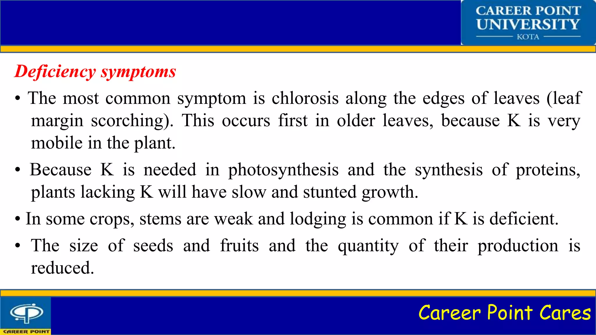 Career Point Cares
Deficiency symptoms
• The most common symptom is chlorosis along the edges of leaves (leaf
margin scorching). This occurs first in older leaves, because K is very
mobile in the plant.
• Because K is needed in photosynthesis and the synthesis of proteins,
plants lacking K will have slow and stunted growth.
• In some crops, stems are weak and lodging is common if K is deficient.
• The size of seeds and fruits and the quantity of their production is
reduced.
 