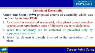 Career Point Cares
Criteria of Essentially
Arnon and Stout (1939) proposed criteria of essentially which was
refined by Arnon (1954).
1. An element is considered as essential, when plants cannot complete
vegetative or reproductive stage of life cycle due to its deficiency.
2. When this deficiency can be corrected or prevented only by
supplying this element.
3. When the element is directly involved in the metabolism of the
plant.
 