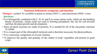 Career Point Cares
Nutrients deficiencies symptoms and function
Nitrogen : symbol: N; available to plants as nitrate (NO3–) , and ammonium (NH4 +) ions.
functions:
• N is biologically combined with C, H, O, and S to create amino acids, which are the building
blocks of proteins. Amino acids are used in forming protoplasm, the site for cell division
and thus for plant growth and development.
• Since all plant enzymes are made of proteins, N is needed for all of the enzymatic reactions
in a plant.
• N is a major part of the chlorophyll molecule and is therefore necessary for photosynthesis.
• N is a necessary component of several vitamins.
• N improves the quality and quantity of dry matter in leafy vegetables and protein in grain
crops.
 