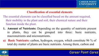 Career Point Cares
Classification of essential elements
The essential elements can be classified based on the amount required,
their mobility in the plant and soil, their chemical nature and their
function inside the plant.
1. Amount of Nutrients: Depending on the quantity of nutrients present
in plants, they can be grouped into three: basic nutrients,
macronutrients and micronutrients.
a) Basic Nutrients: carbon, hydrogen, oxygen, which constitute 96 % of
total dry matter of plants are basic nutrients. Among them, carbon and
 