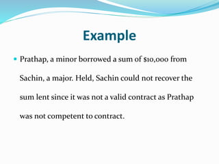 Example
 Prathap, a minor borrowed a sum of $10,000 from
Sachin, a major. Held, Sachin could not recover the
sum lent since it was not a valid contract as Prathap
was not competent to contract.
 