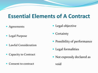 Essential Elements of A Contract
 Agreements
 Legal Purpose
 Lawful Consideration
 Capacity to Contract
 Consent to contract
 Legal objective
 Certainty
 Possibility of performance
 Legal formalities
 Not expressly declared as
void
 