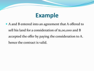 Example
 A and B entered into an agreement that A offered to
sell his land for a consideration of $1,00,000 and B
accepted the offer by paying the consideration to A.
hence the contract is valid.
 