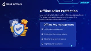 Offline key management
High security assurance
Protection from cyber attacks
Ideal for long-term investors
Offline Asset Protection
Long-term crypto holders prefer offline storage solutions.
The safest cold wallet approach minimizes online
exposure and protects private keys.
Offline key management
 