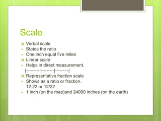 Scale
 Verbal scale
 States the ratio
 One inch equal five miles
 Linear scale
 Helps in direct measurement.
|---------|---------|---------|
 Representative fraction scale
 Shows as a ratio or fraction.
12:22 or 12/22
 1 inch (on the map)and 24000 inches (on the earth)
 