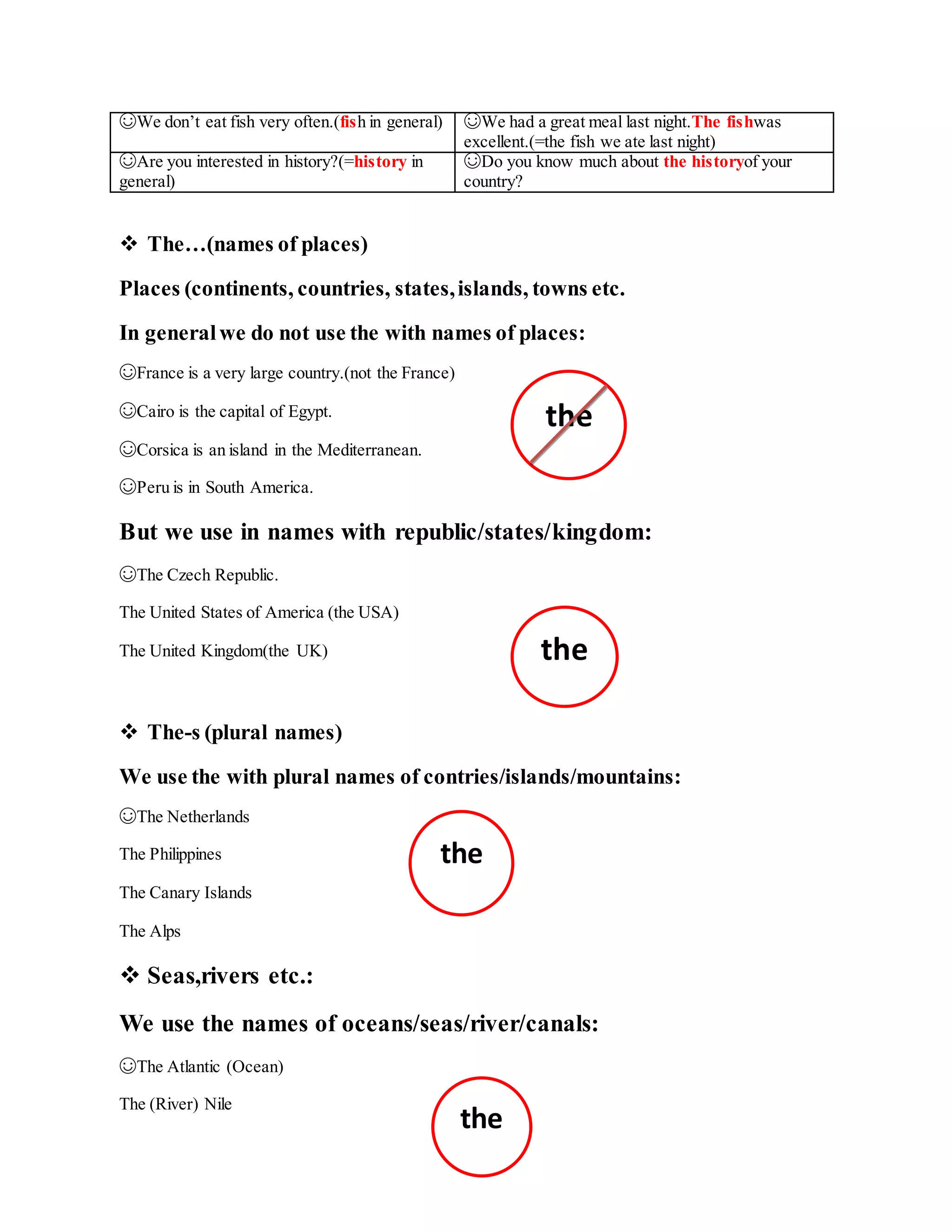 ☺We don’t eat fish very often.(fish in general) ☺We had a great meal last night.The fishwas
excellent.(=the fish we ate last night)
☺Are you interested in history?(=history in
general)
☺Do you know much about the historyof your
country?
 The…(names of places)
Places (continents, countries, states,islands, towns etc.
In generalwe do not use the with names of places:
☺France is a very large country.(not the France)
☺Cairo is the capital of Egypt.
☺Corsica is an island in the Mediterranean.
☺Peru is in South America.
But we use in names with republic/states/kingdom:
☺The Czech Republic.
The United States of America (the USA)
The United Kingdom(the UK)
 The-s (plural names)
We use the with plural names of contries/islands/mountains:
☺The Netherlands
The Philippines
The Canary Islands
The Alps
 Seas,rivers etc.:
We use the names of oceans/seas/river/canals:
☺The Atlantic (Ocean)
The (River) Nile
the
the
the
the
 