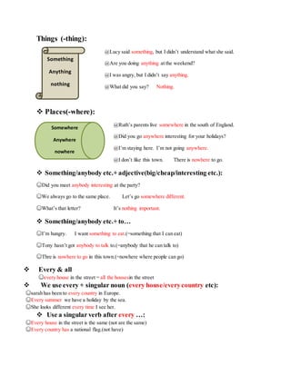 Things (-thing):
@Lucy said something, but I didn’t understand what she said.
@Are you doing anything at the weekend?
@I was angry, but I didn’t say anything.
@What did you say? Nothing.
 Places(-where):
@Ruth’s parents live somewhere in the south of England.
@Did you go anywhere interesting for your holidays?
@I’m staying here. I’m not going anywhere.
@I don’t like this town. There is nowhere to go.
 Something/anybody etc.+ adjective(big/cheap/interesting etc.):
☺Did you meet anybody interesting at the party?
☺We always go to the same place. Let’s go somewhere different.
☺What’s that letter? It’s nothing important.
 Something/anybody etc.+ to…
☺I’m hungry. I want something to eat.(=something that I can eat)
☺Tony hasn’t got anybody to talk to.(=anybody that he can talk to)
☺Thre is nowhere to go in this town.(=nowhere where people can go)
 Every & all
☺every house in the street = all the housesin the street
 We use every + singular noun (every house/everycountry etc):
☺sarah has been to every country in Europe.
☺Every summer we have a holiday by the sea.
☺She looks different every time I see her.
 Use a singular verb after every …:
☺Every house in the street is the same (not are the same)
☺Every country has a national flag.(not have)
Something
Anything
nothing
Somewhere
Anywhere
nowhere
 