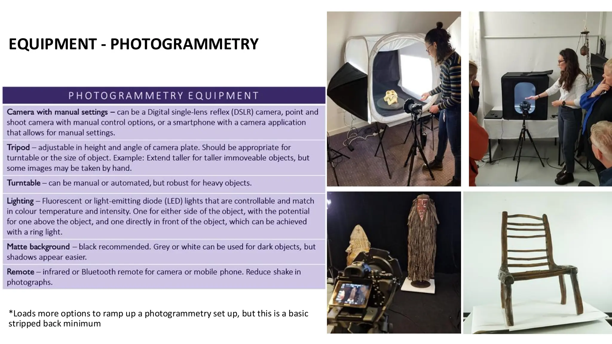 EQUIPMENT - PHOTOGRAMMETRY
*Loads more options to ramp up a photogrammetry set up, but this is a basic
stripped back minimum
 