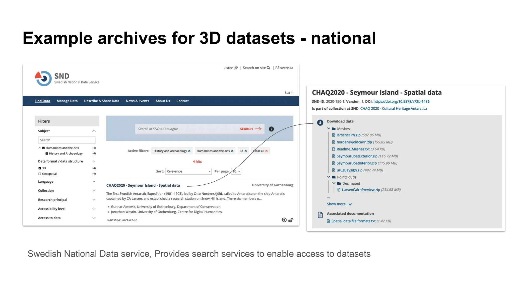Example archives for 3D datasets - national
Swedish National Data service, Provides search services to enable access to datasets
 