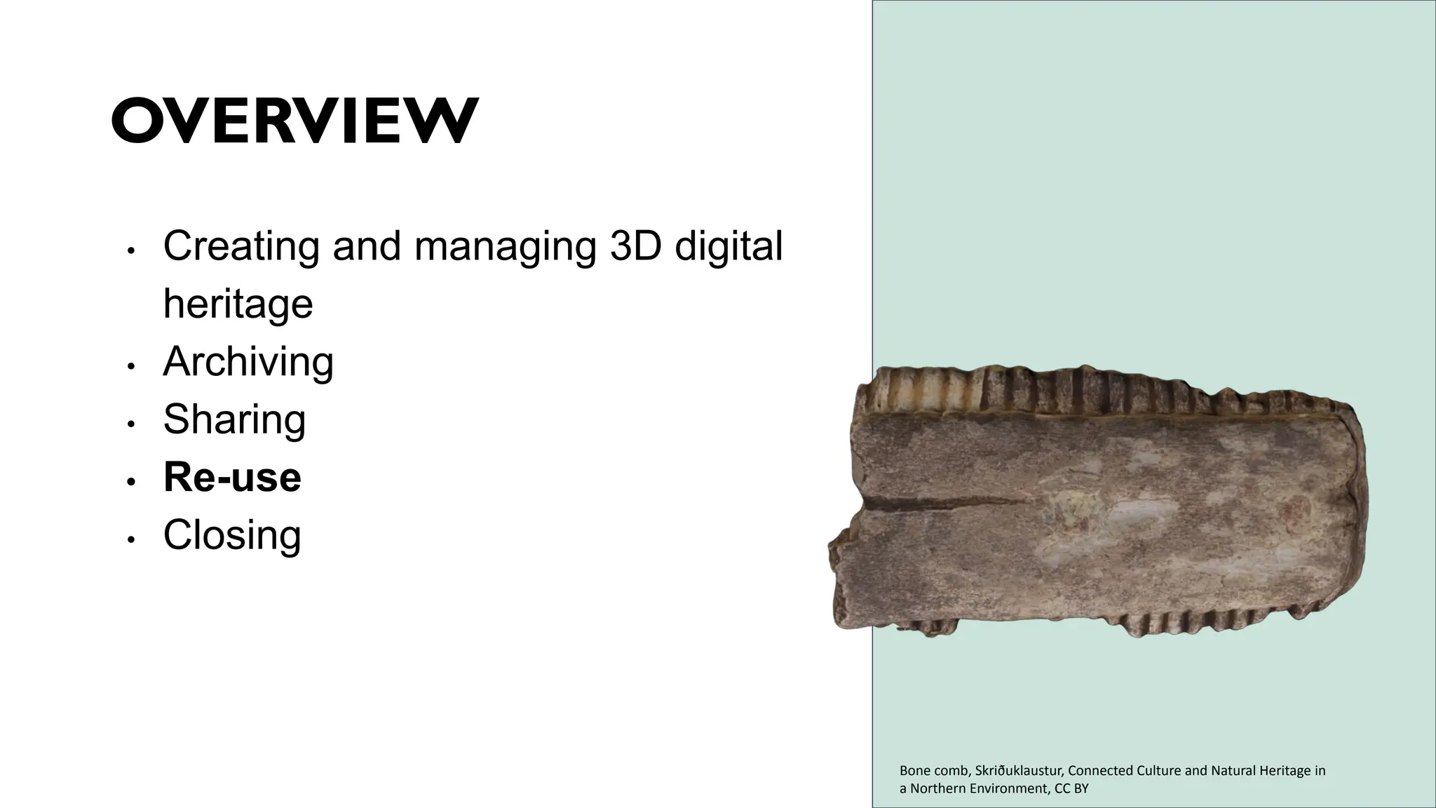 OVERVIEW
• Creating and managing 3D digital
heritage
• Archiving
• Sharing
• Re-use
• Closing
Bone comb, Skriðuklaustur, Connected Culture and Natural Heritage in
a Northern Environment, CC BY
 