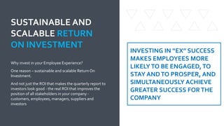 Why invest in your Employee Experience?
One reason – sustainable and scalable Return On
Investment.
And not just the ROI t...