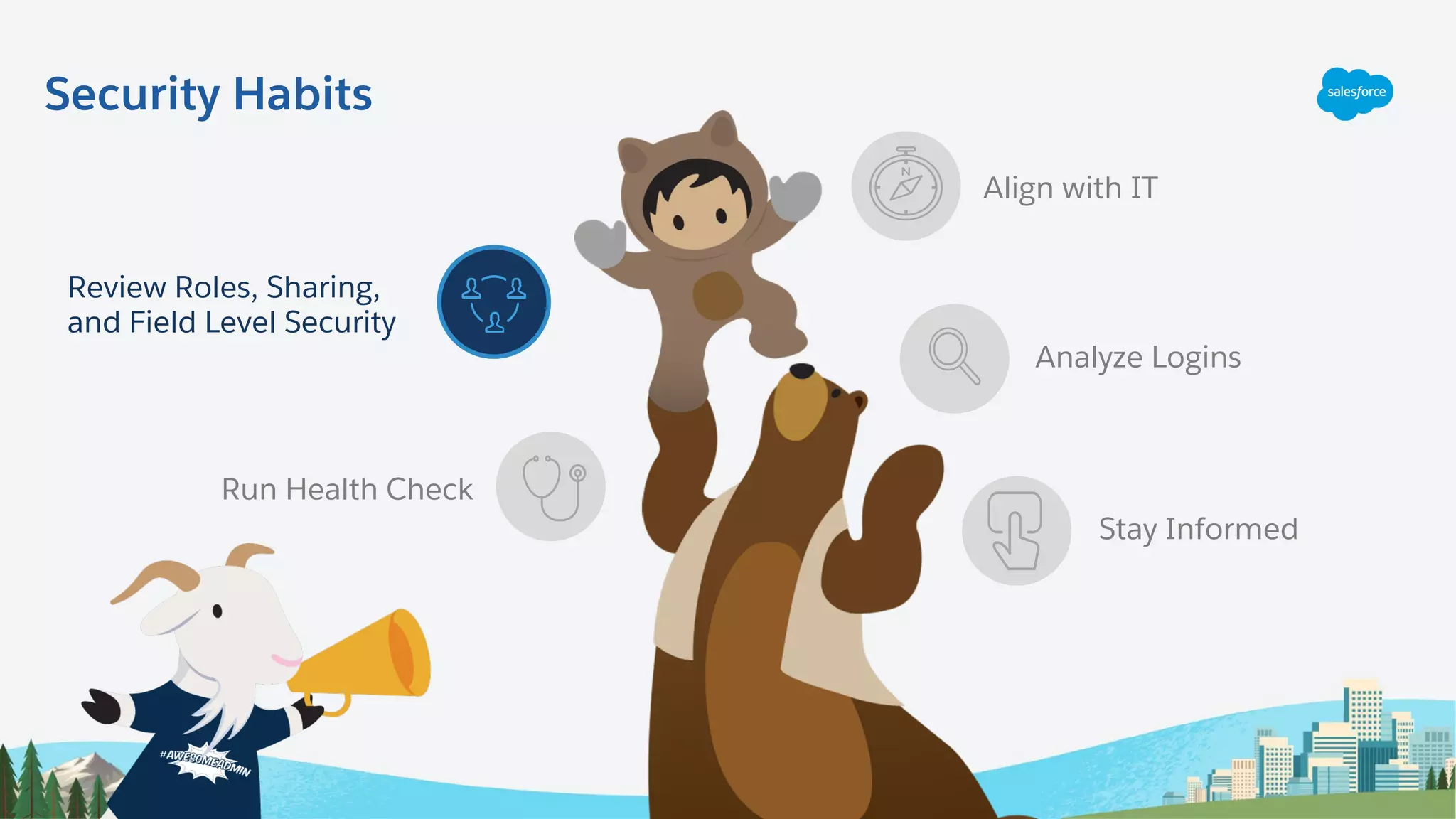 Security Habits
Run Health Check
Align with IT
Analyze Logins
Stay Informed
Review Roles, Sharing,
and Field Level Security
 