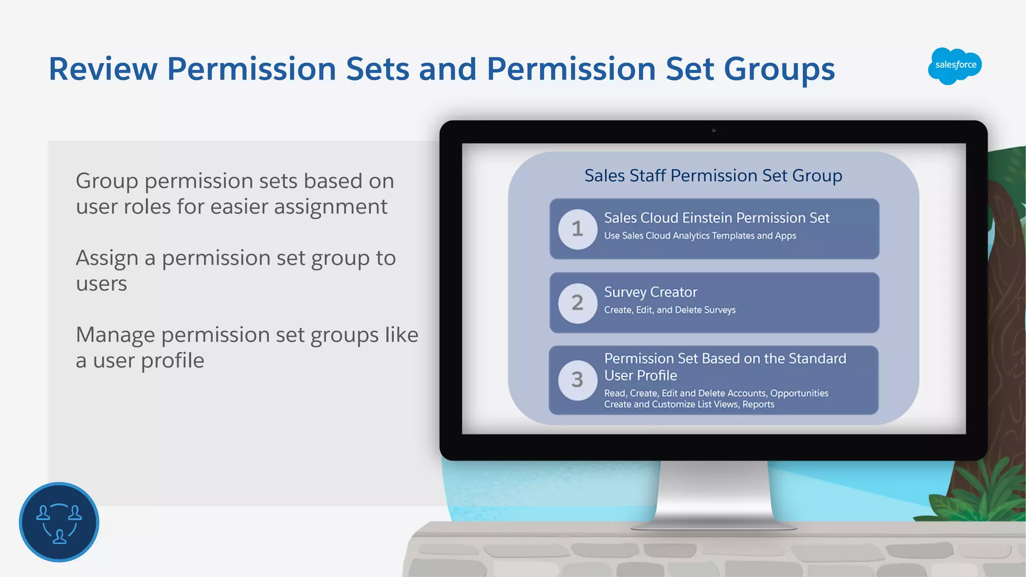 Review Permission Sets and Permission Set Groups
Group permission sets based on
user roles for easier assignment
Assign a permission set group to
users
Manage permission set groups like
a user profile
Sales Staff Permission Set Group
 