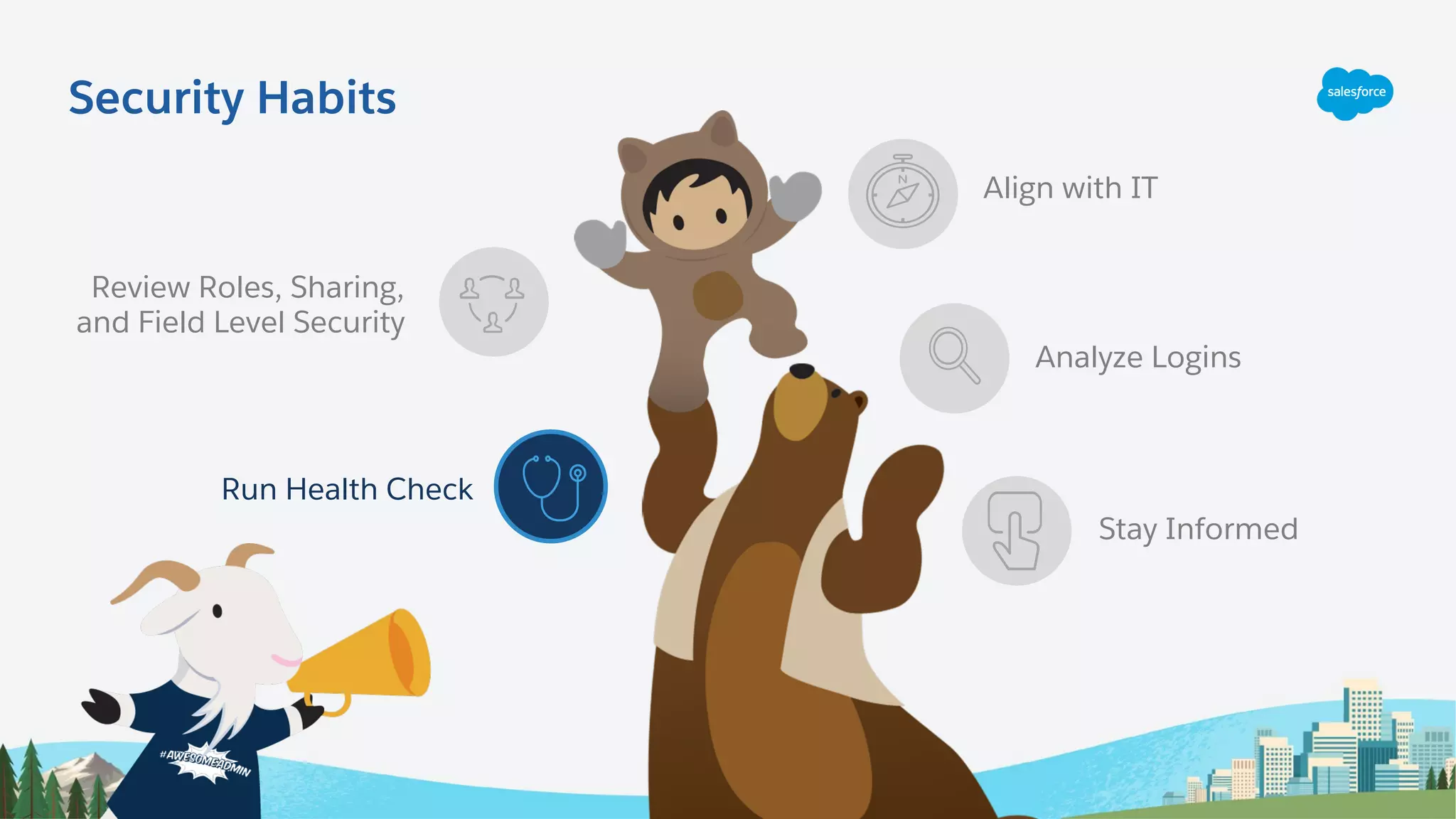 Review Roles, Sharing,
and Field Level Security
Run Health Check
Align with IT
Analyze Logins
Stay Informed
Security Habits
 