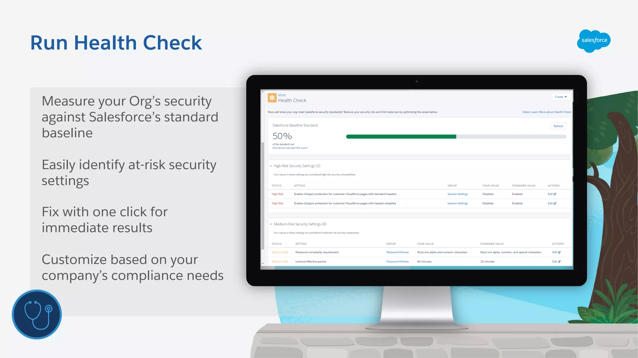 Run Health Check
Measure your Org’s security
against Salesforce’s standard
baseline
Easily identify at-risk security
settings
Fix with one click for
immediate results
Customize based on your
company’s compliance needs
 