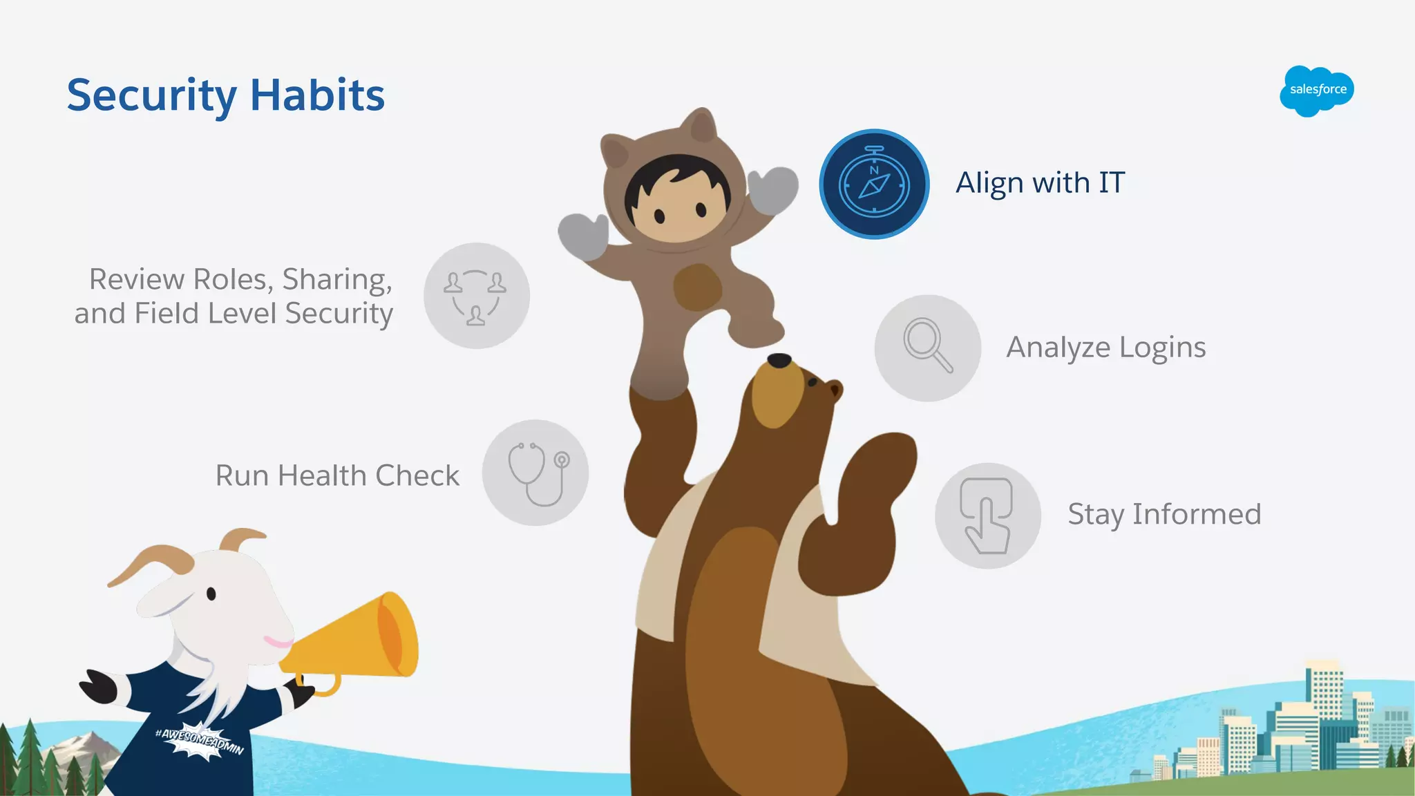 Review Roles, Sharing,
and Field Level Security
Run Health Check
Align with IT
Analyze Logins
Stay Informed
Security Habits
 